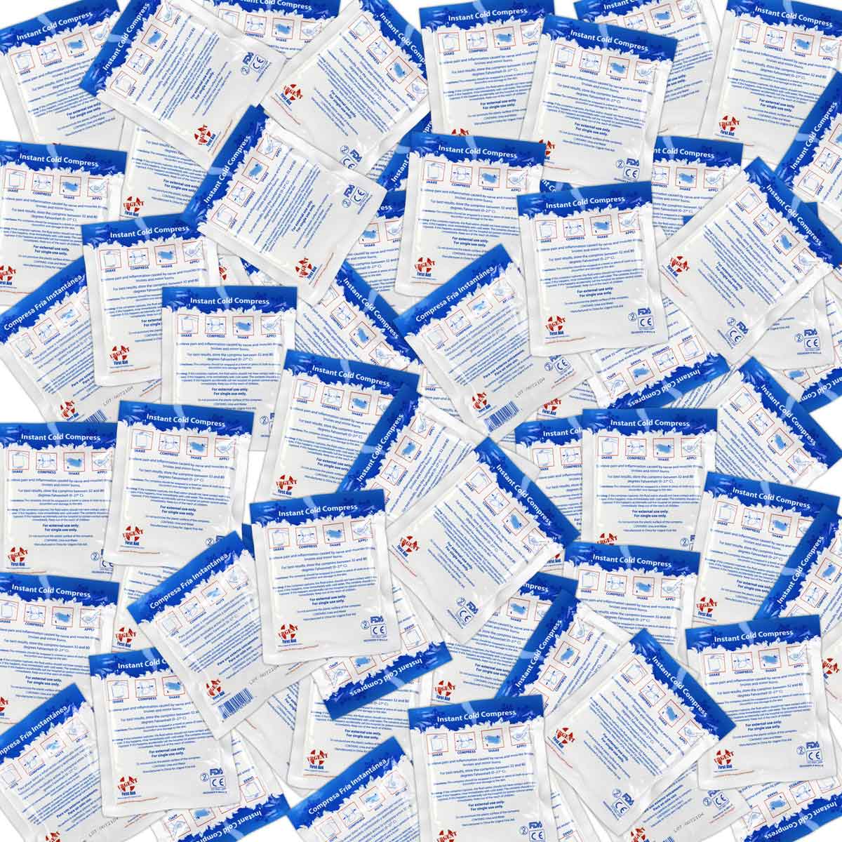 Box of 125 Quakekits burn treatment cold compresses, 4" x 5" instant ice packs for first aid and burn relief.