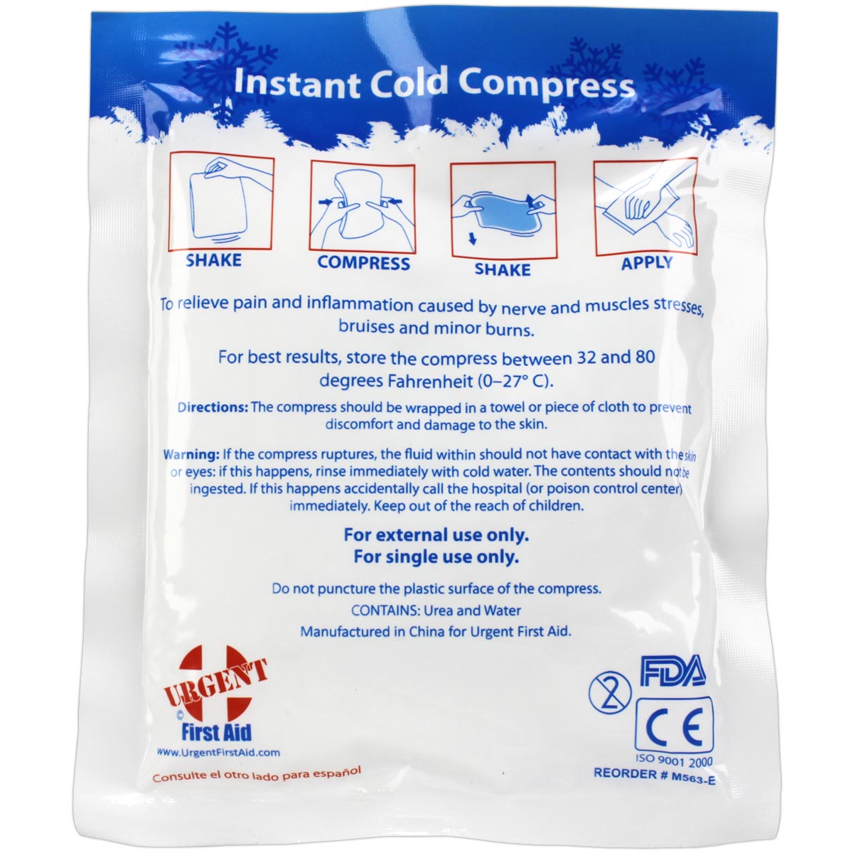 Box of 125 Quakekits burn treatment cold compresses, 4" x 5" instant cold packs for first aid and burn relief.