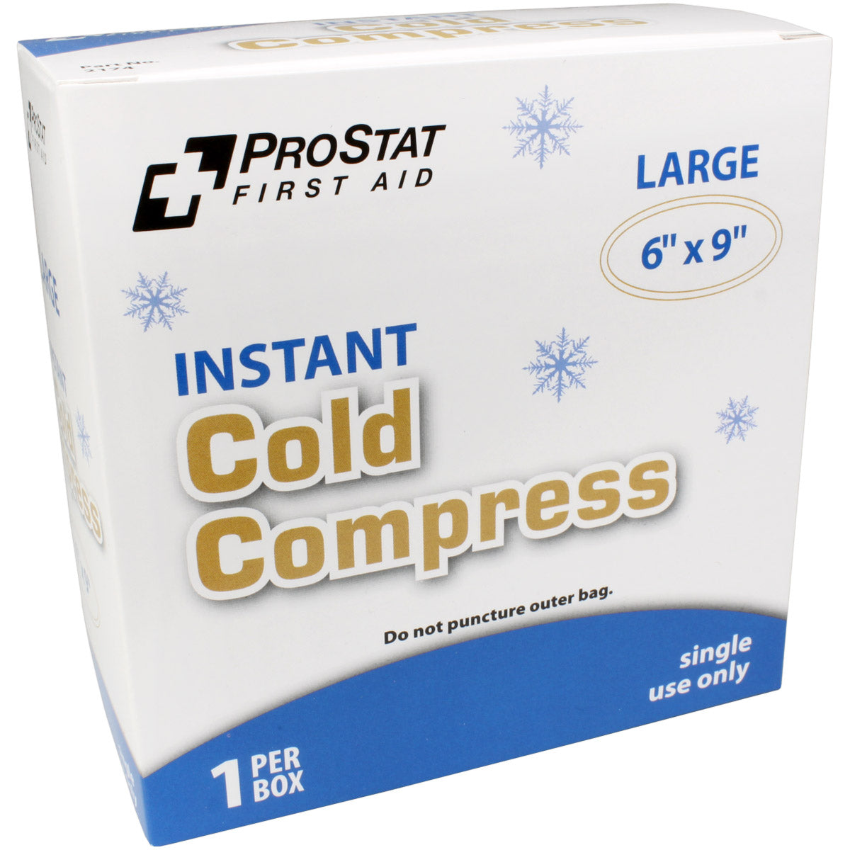 Boxed 6x9-inch instant cold compress for burn treatment from quakekits.com, showing a flexible, reusable cold pack in its packaging.