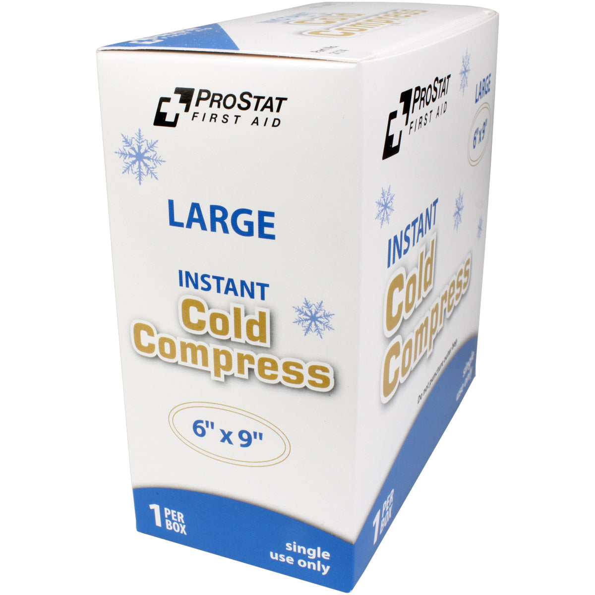 Boxed 6x9 inch instant cold compress for burn treatment from quakekits.com, showing the cold pack ready for use.