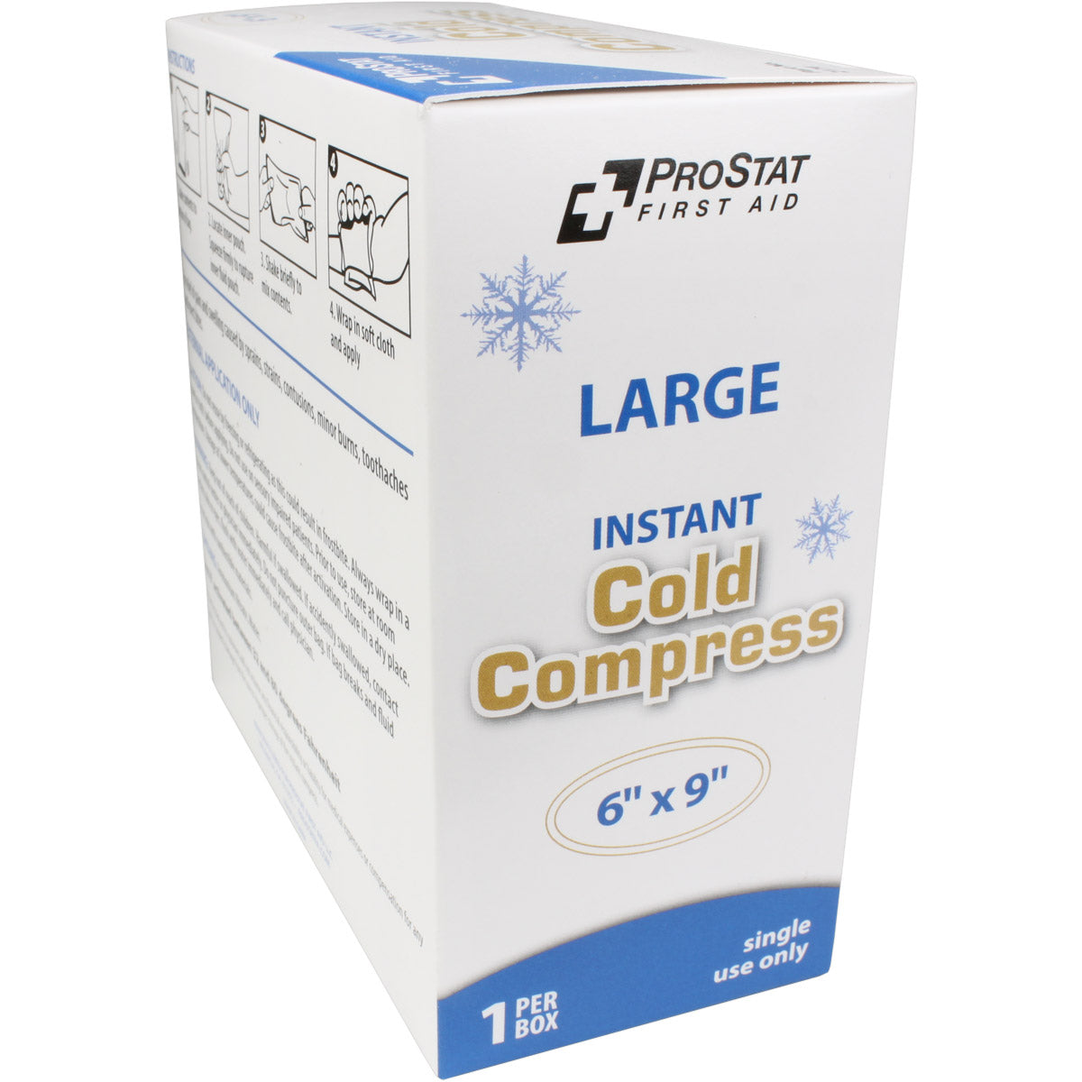 Boxed 6x9 inch instant cold compress for burn treatment with flexible gel inside, designed to soothe and reduce pain.