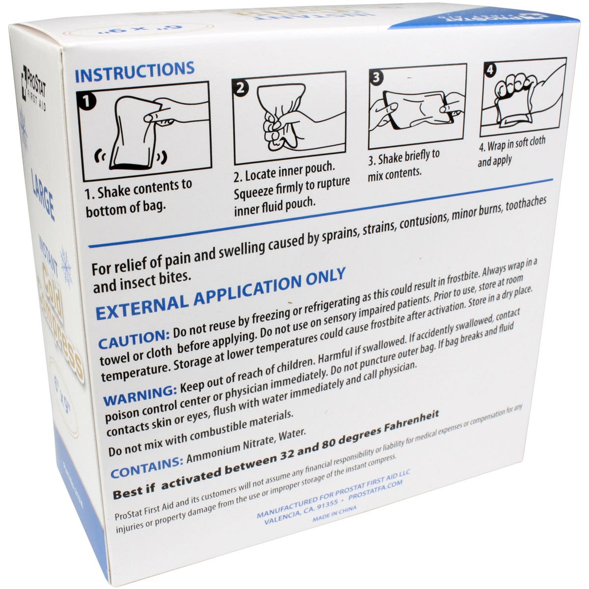 6-inch by 9-inch boxed instant cold compress for burn treatment, with white cloth covering, from quakekits.com