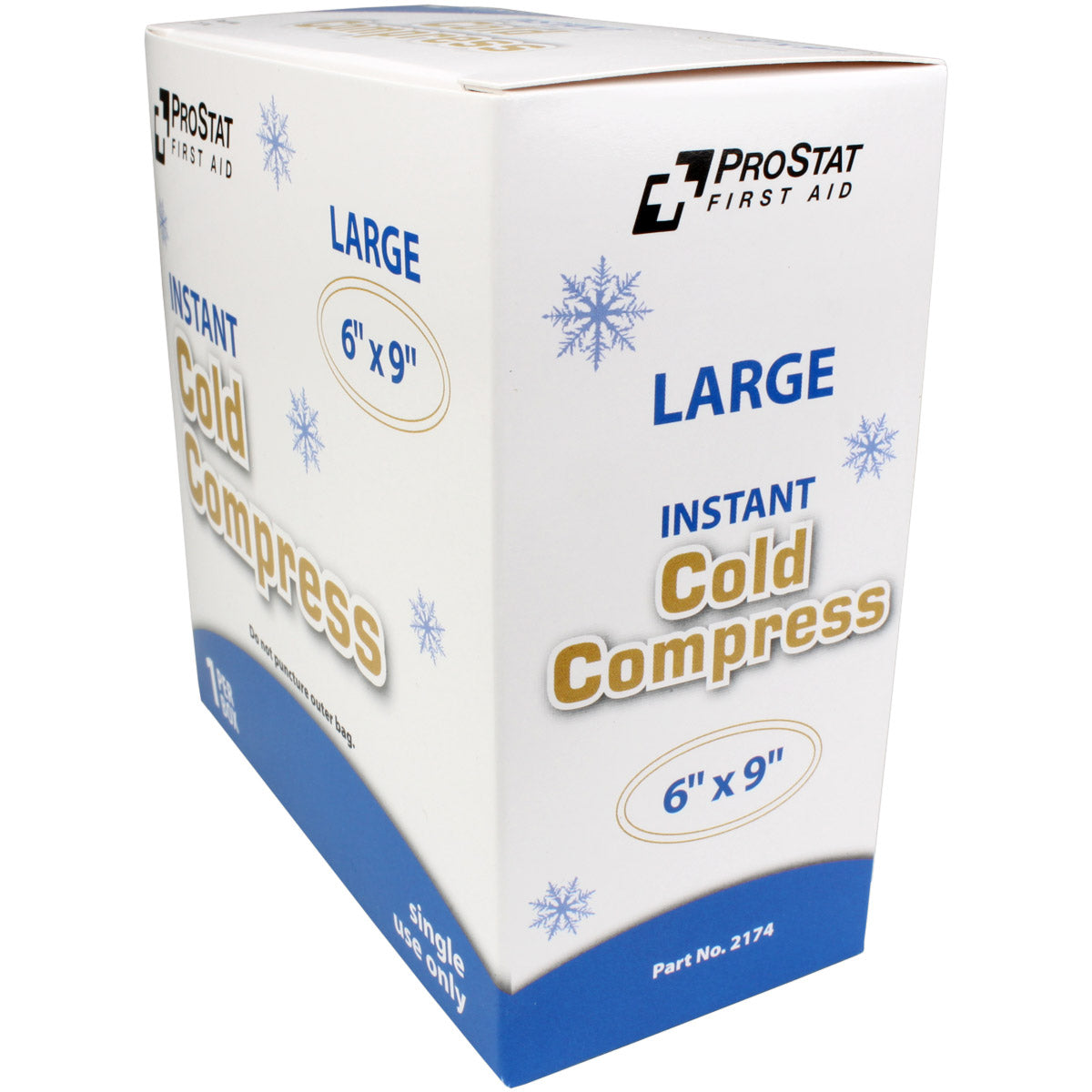 6" x 9" boxed instant cold compress for burn treatment, showing a reusable gel pack from quakekits.com