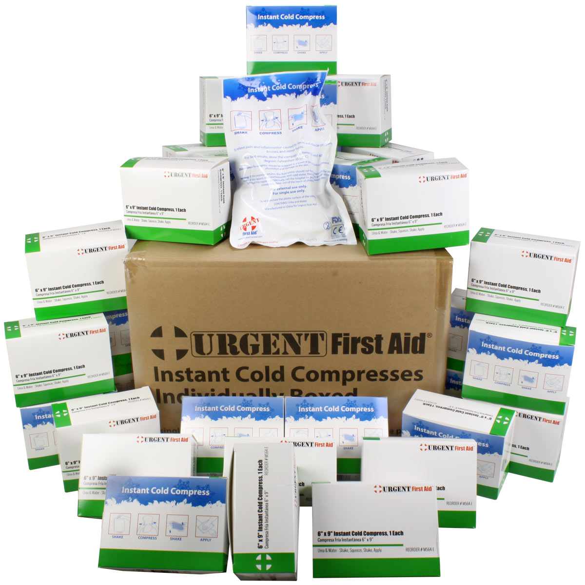 Box of 6" x 9" instant cold compresses for burn treatment, 32 per case, from quakekits.com, with individually boxed cold packs.