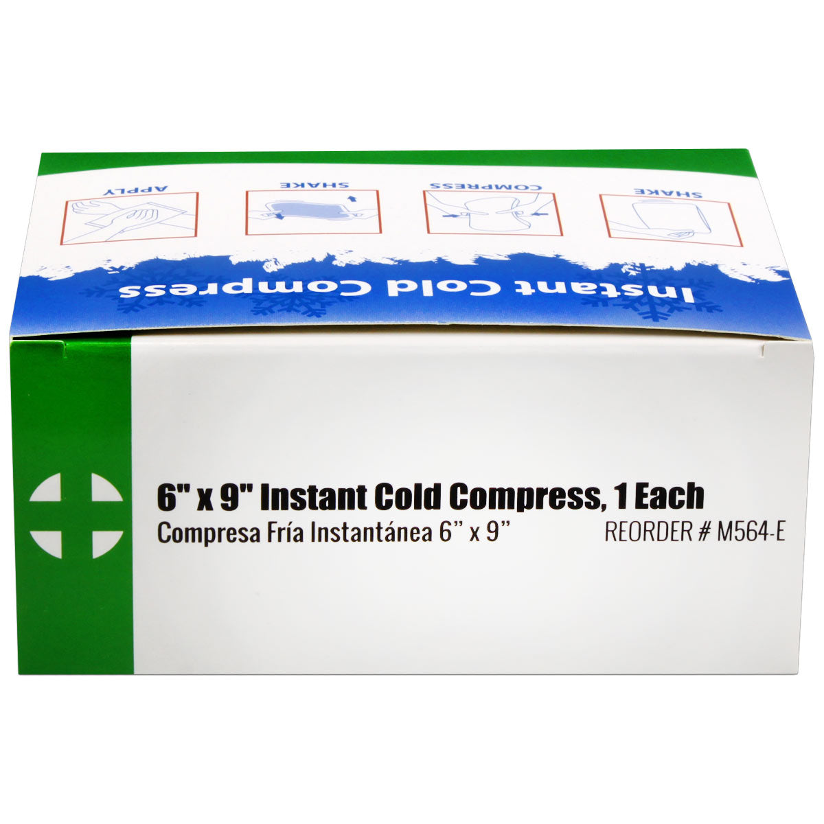 Box of 6" x 9" instant cold compresses for burn treatment, 32 per case, with packaging and cooling gel visible.