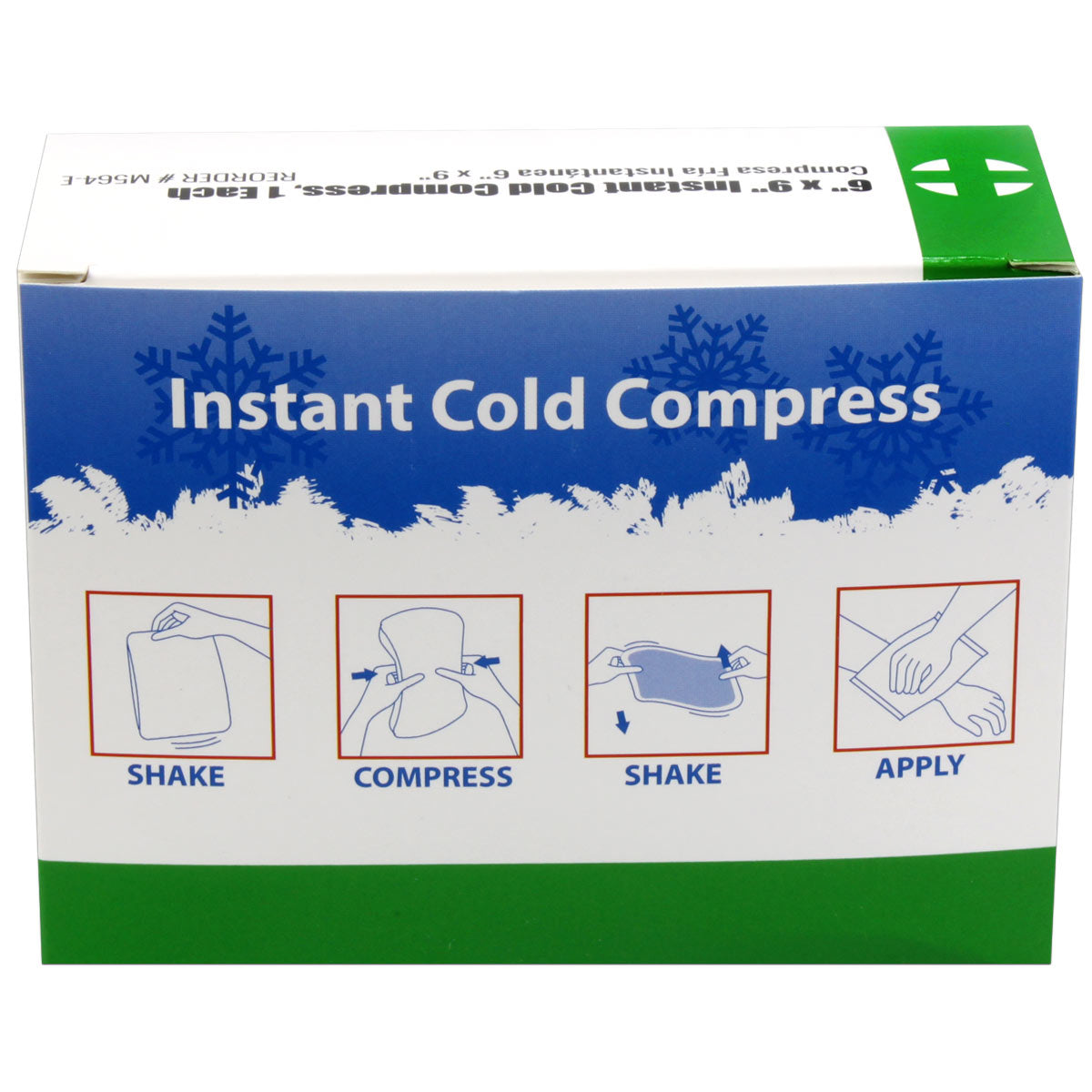 Box of 6" x 9" instant cold compresses for burn treatment, 32 per case, featuring cooling gel packs from quakekits.com