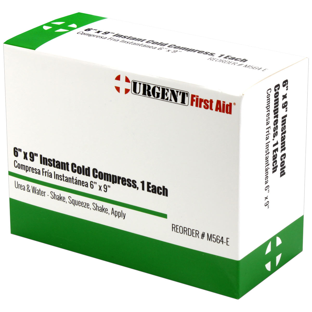 Box of 6"x9" instant cold compresses for burn treatment, 32 per case, with reusable gel packs in a sealed box.
