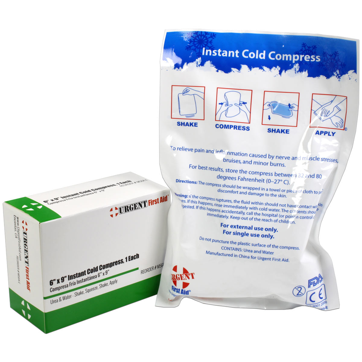 Box of 6" x 9" instant cold compresses for burn treatment, packaged in a case of 32, from quakekits.com.