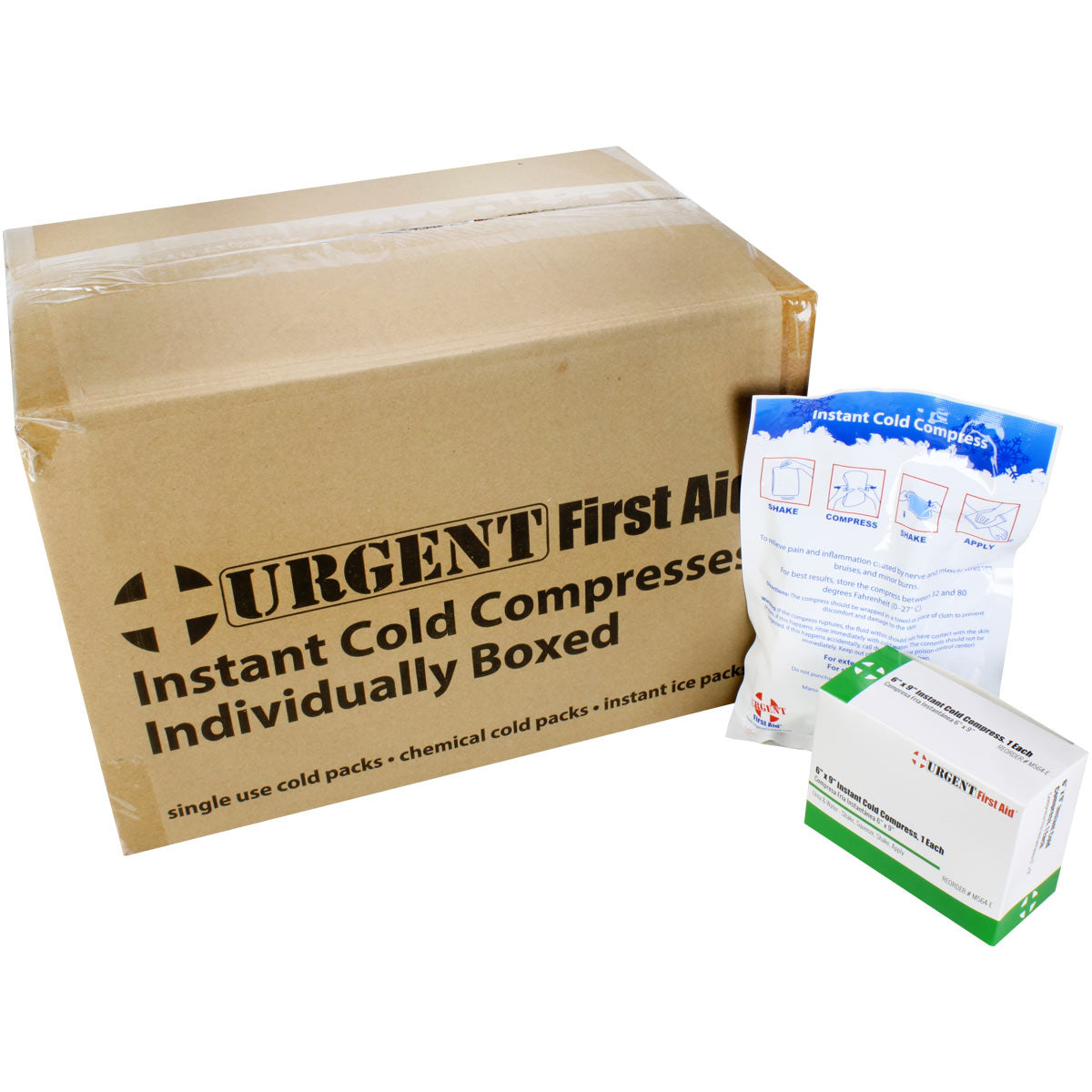 Box of 6" x 9" instant cold compresses for burn treatment, packaged in a case of 32, designed for soothing skin injuries.