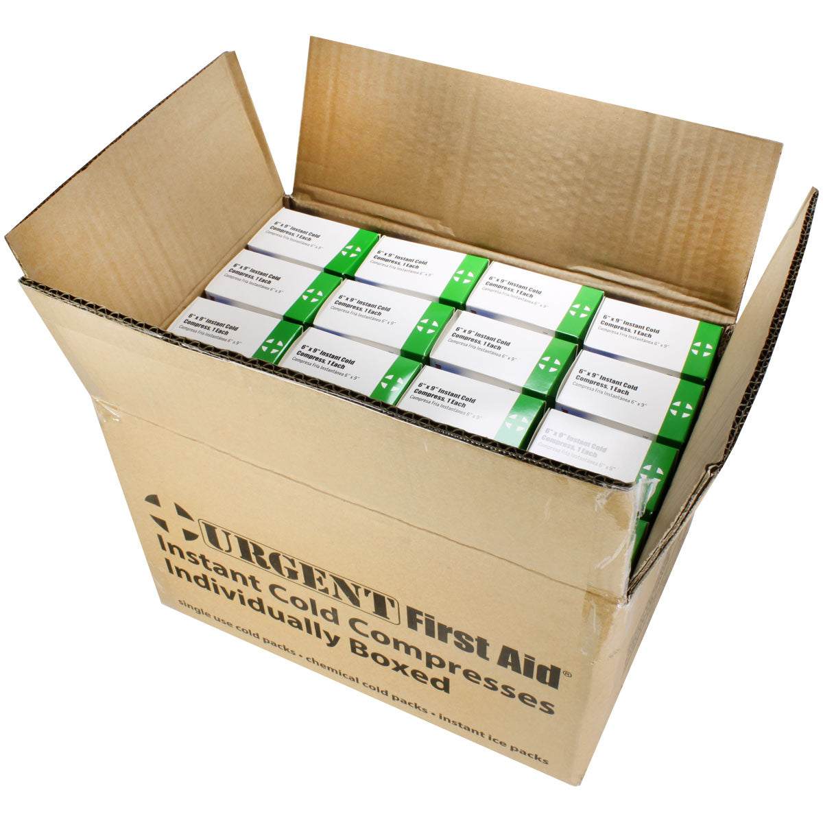 Box of 6" x 9" instant cold compresses for burn treatment, 32 per case, with packaged cold packs from quakekits.com