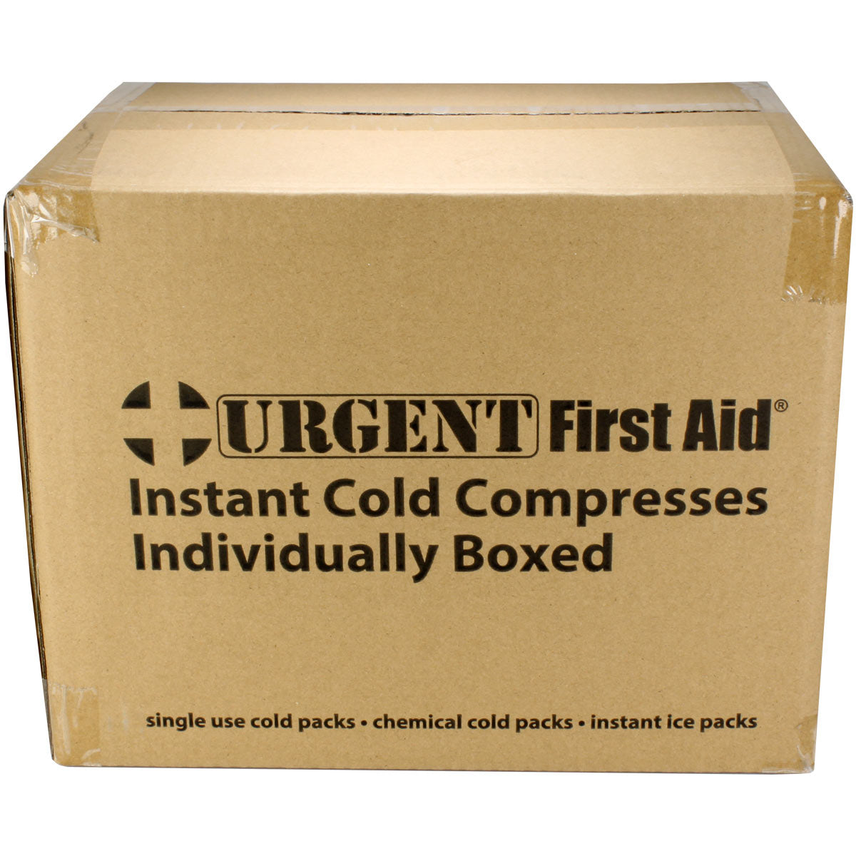 Box of 6" x 9" instant cold compress packs for burn treatment, 32 in case, featuring soft fabric covering and flexible cooling gel.
