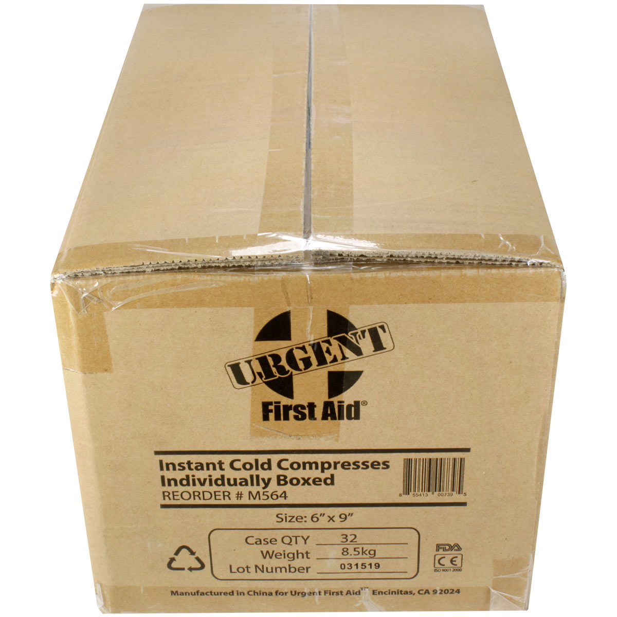 Box of 6" x 9" instant cold compress packs for burn treatment, 32 per case, by quakekits.com, with cooling gel inside.