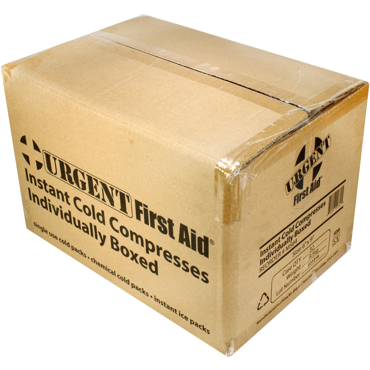 Box of 6" x 9" instant cold compresses for burn treatment, 32 per case, from quakekits.com, shown in its packaging.