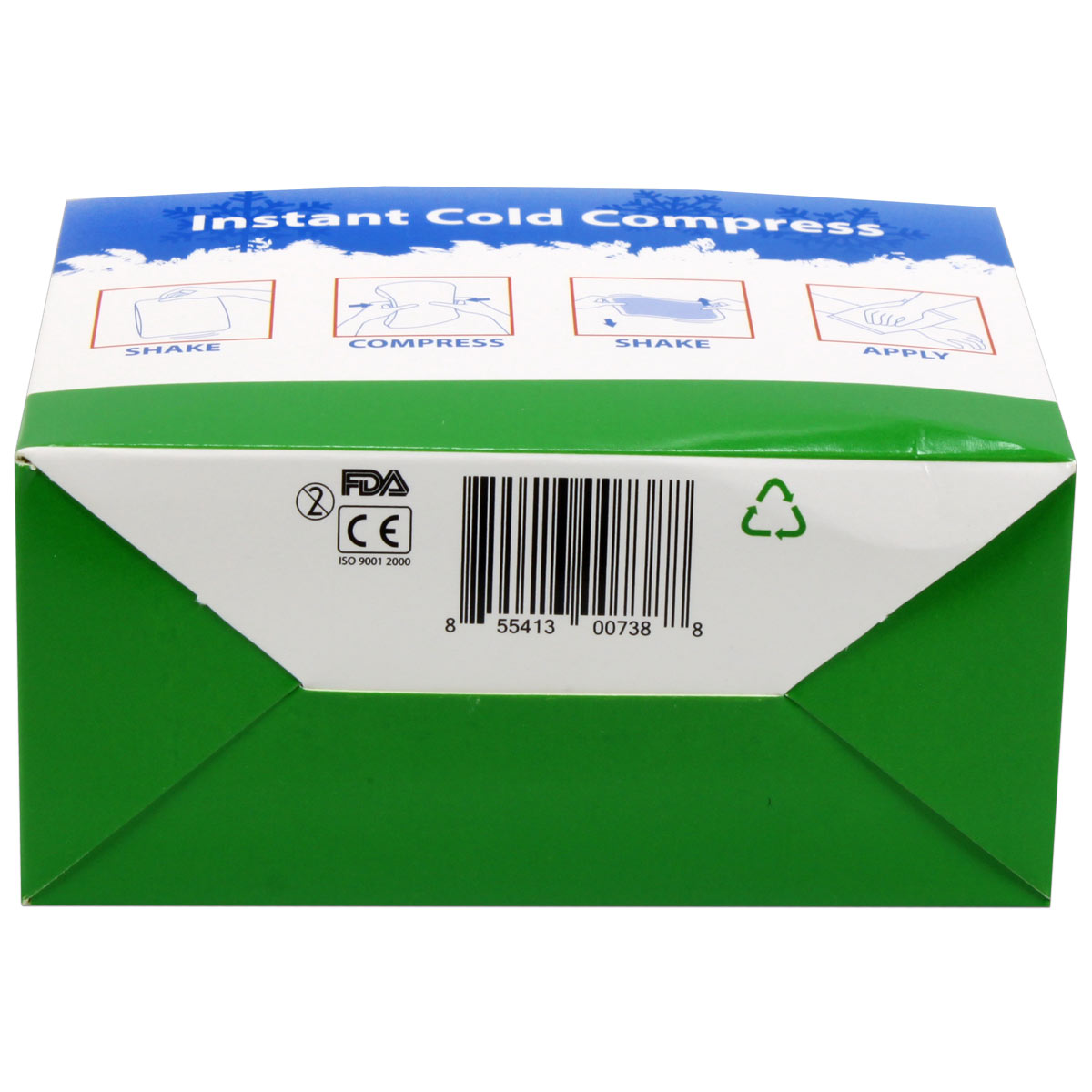 Box of 6" x 9" instant cold compresses for burn treatment, packaged in a case of 32, from quakekits.com.