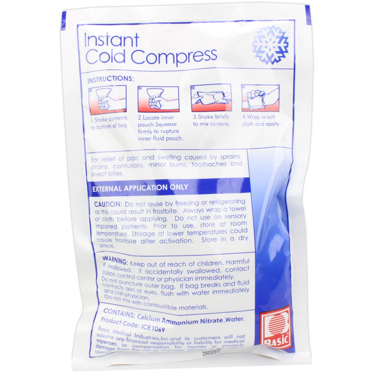 6"x9" instant cold compress for burn treatment, shown in a sealed package from quakekits.com, designed to reduce pain and swelling.