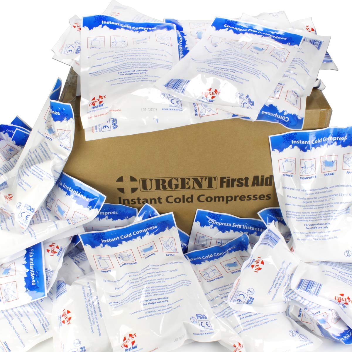 Six-inch by nine-inch instant cold compress for burn treatment, shown in a case of 50 from quakekits.com