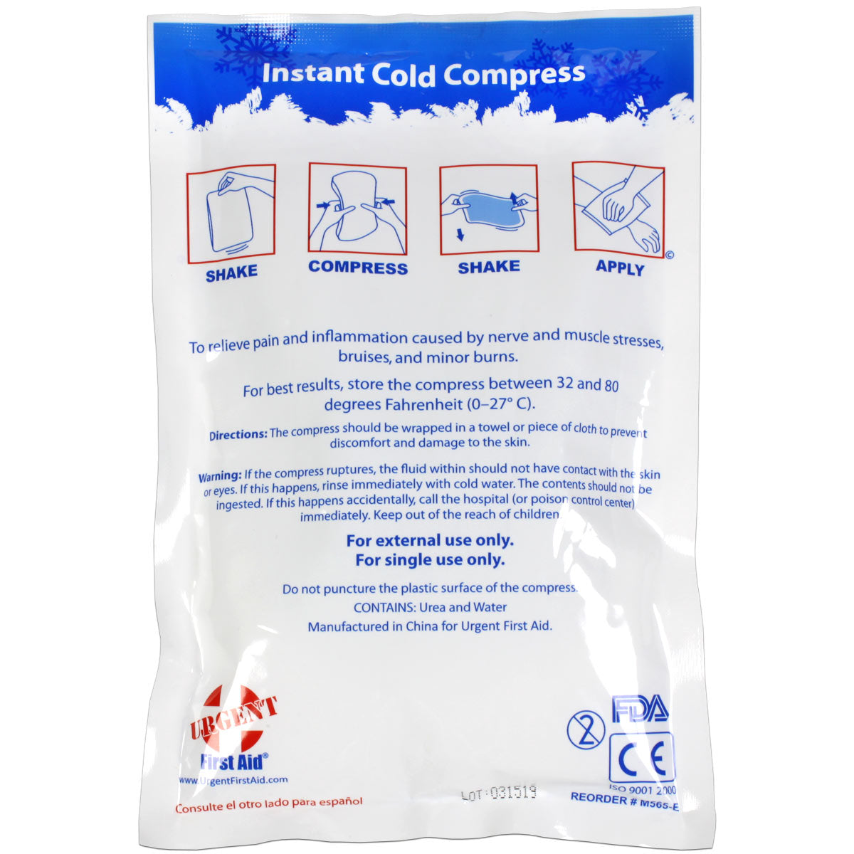 Six-inch by nine-inch instant cold compress for burn treatment, case of 50, with gel-filled pack for quick cooling relief.