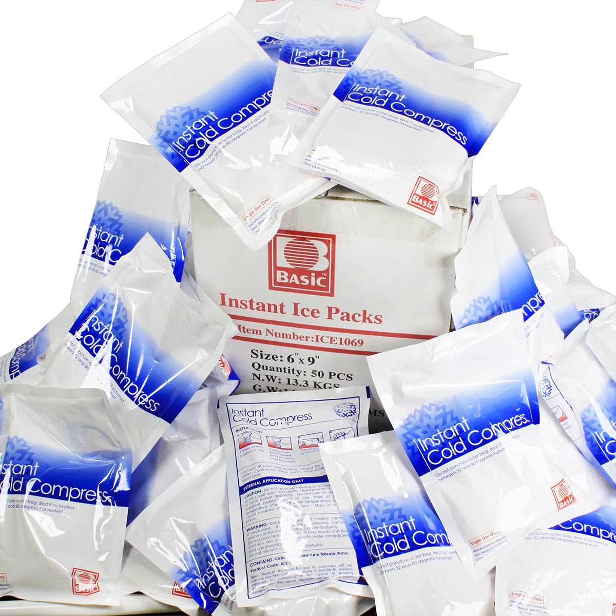 Six-inch by nine-inch instant cold compress for burn treatment, case of 50, with blue fabric cover and flexible gel inside.