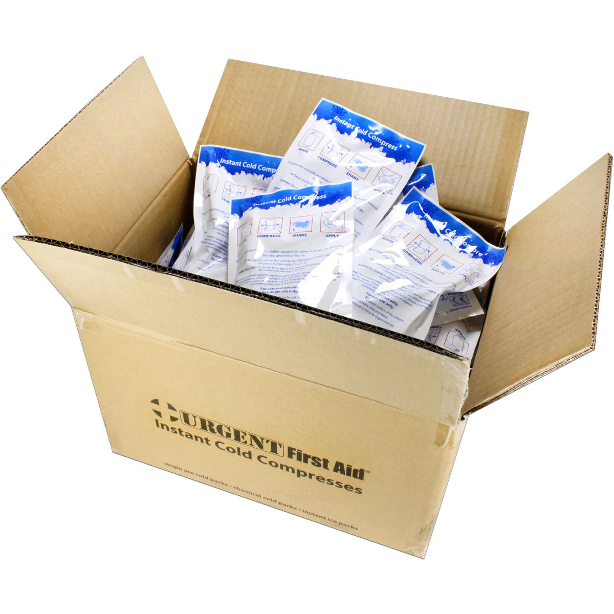 Six-inch by nine-inch instant cold compress for burn treatment, packaged in a case of 50, from quakekits.com.
