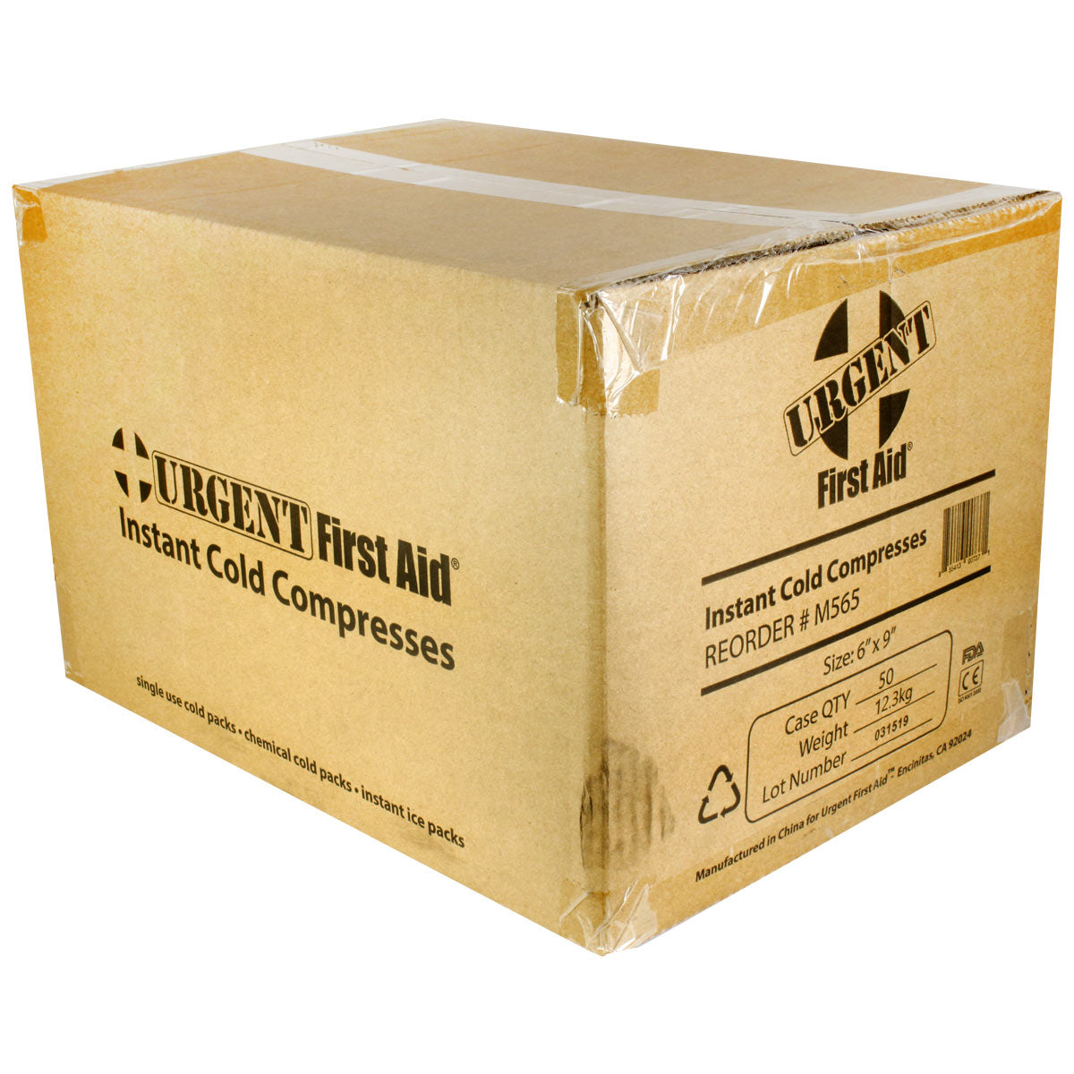 Six-inch by nine-inch instant cold compress for burn treatment, shown in case of 50 from QuakeKits.