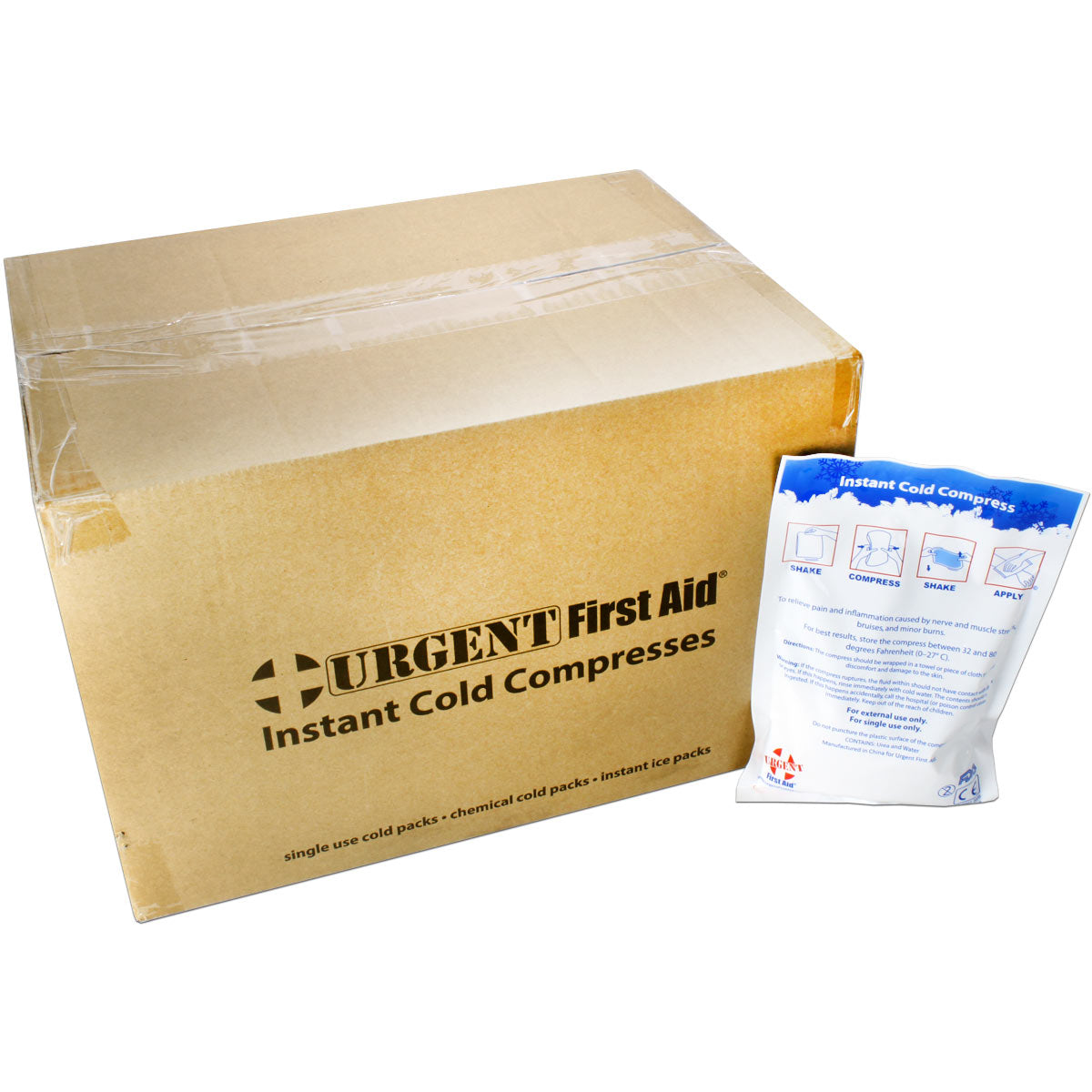 Six-inch by nine-inch instant cold compress for burn treatment, shown in case of 50 packs, from quakekits.com.