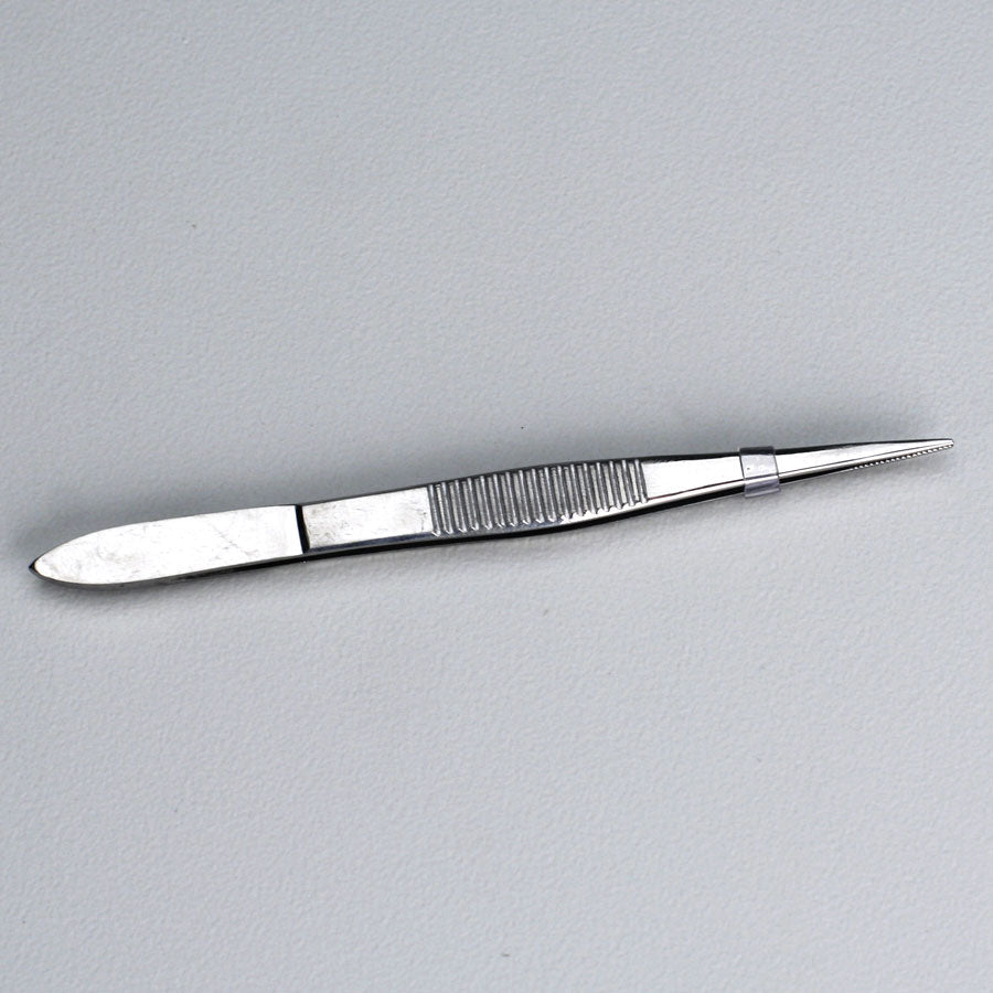 Stainless steel deluxe pointed edge tweezers, 4.5 inches, ideal for first aid tools, shown on a white background