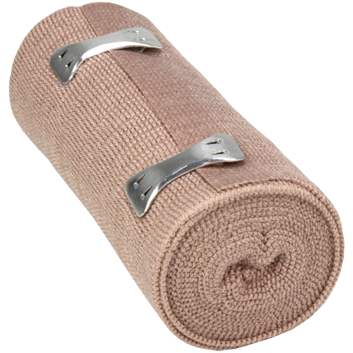 Elastic Ace bandage in white with two fasteners, 4 inches wide and 5 yards long, used for support and compression.