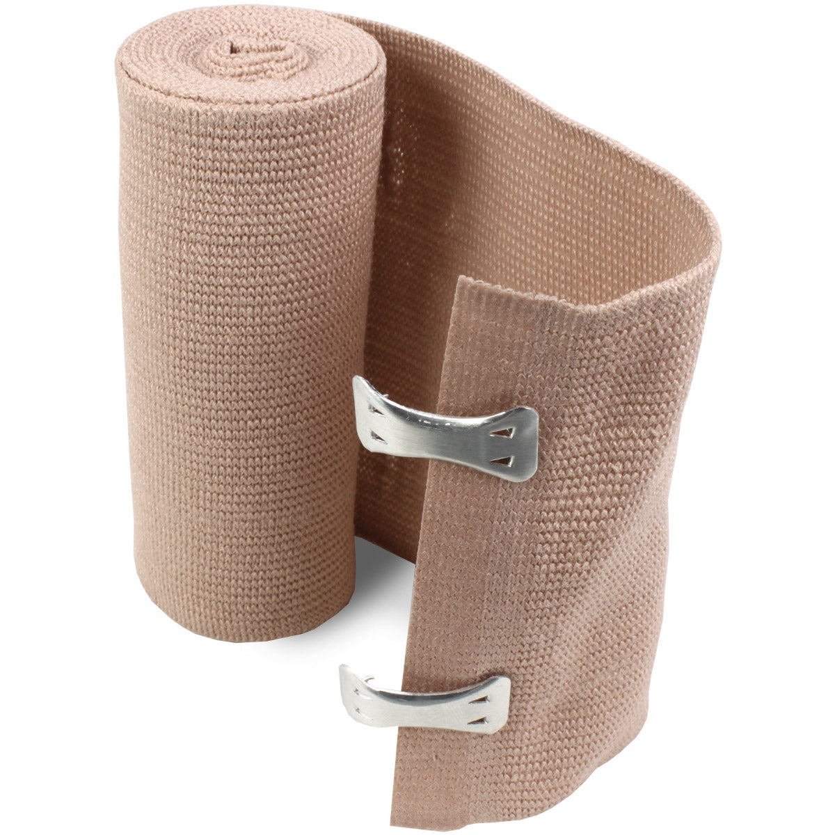Elastic Ace bandage with fasteners, 4-inch by 5-yard medical wrap for support and compression, shown with fasteners attached.