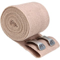 Elastic Ace bandage 2" x 5 yards with two fasteners, ideal for wraps and supports, shown rolled out with fasteners attached.