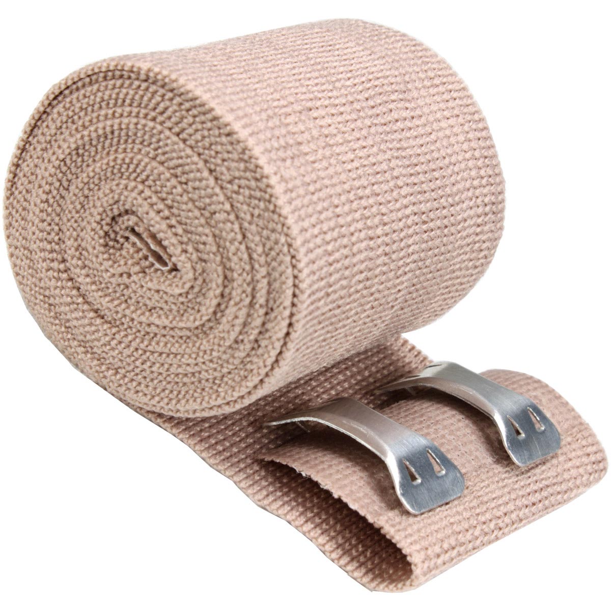 Elastic Ace bandage 2" x 5 yards with two fasteners, ideal for wraps and supports, shown rolled out with fasteners attached.