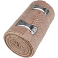Elastic Ace bandage, 3"x5 yards, with two fasteners, used for compression and support, shown rolled out with fasteners attached.