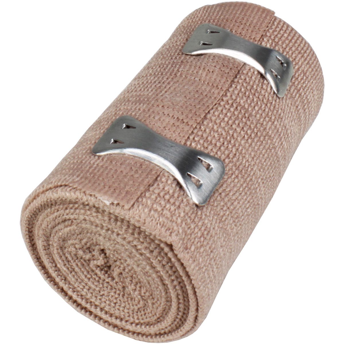 Elastic Ace bandage, 3"x5 yards, with two fasteners, used for compression and support, shown rolled out with fasteners attached.