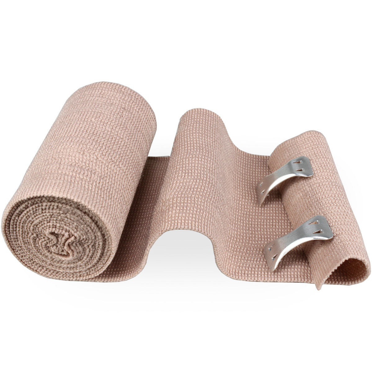 Elastic Ace bandage 3x5 yards with two fasteners, ideal for wraps and compression, shown rolled out with fasteners attached.