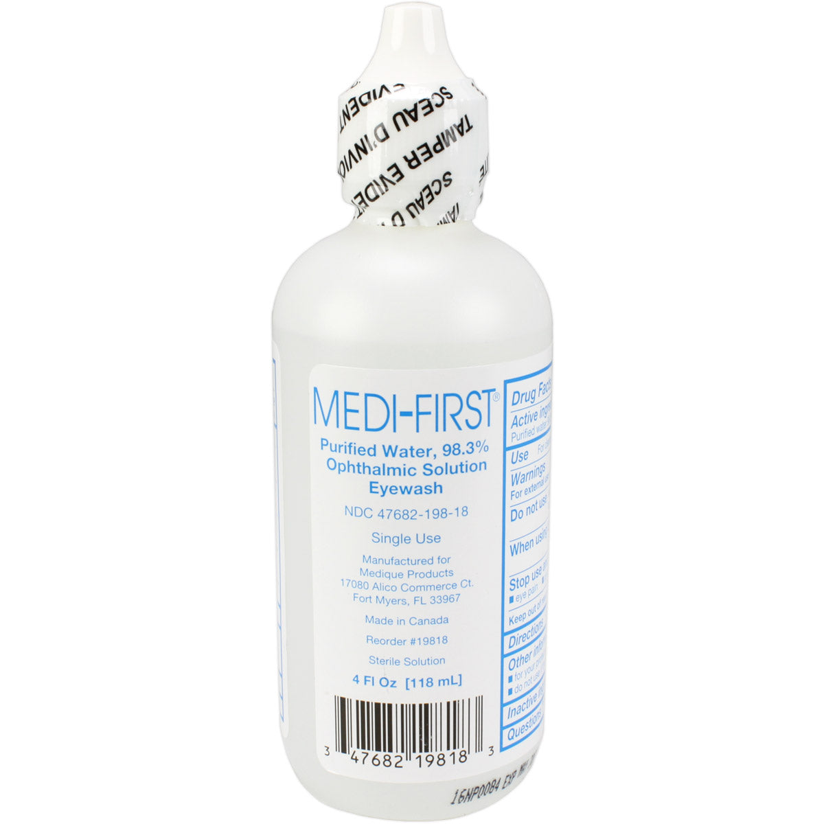 4 oz. eye wash bottle from quakekits.com, eye care product with clear liquid for soothing and rinsing eyes.
