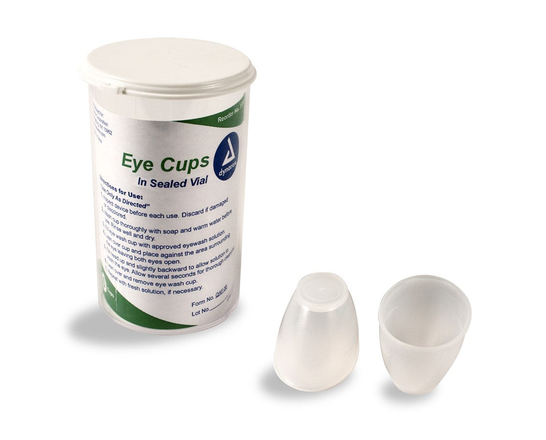 Six plastic eye cups for eye care, shown in clear image with individual cups displayed for personal use or medical purposes.