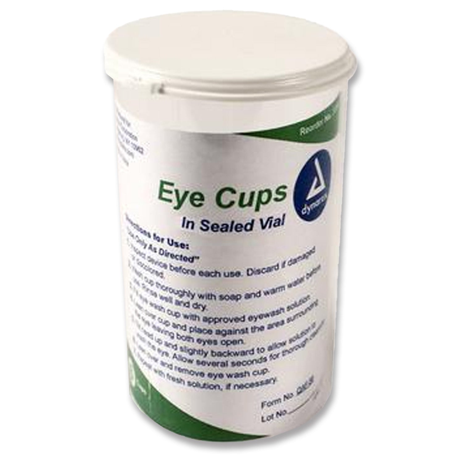 Six plastic eye cups for eye care, arranged in a vial, used for rinsing and eye irrigation, by quakekits.com.