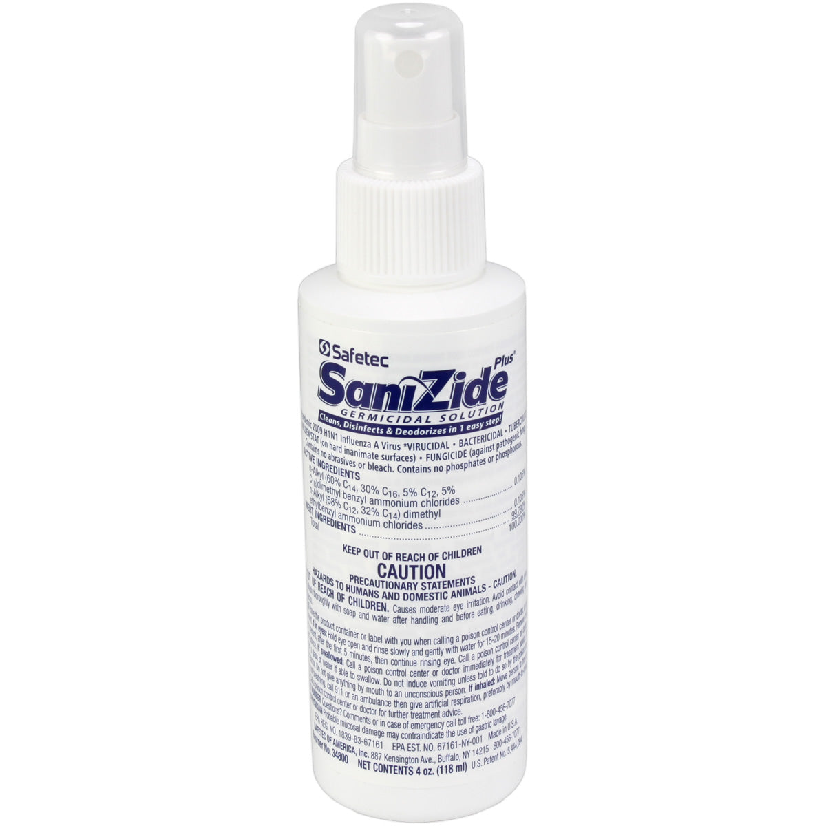 Sanizide Plus germicidal surface disinfectant in a 4 oz. plastic spray bottle, hygiene product by quakekits.com, ready for sanitizing surfaces.