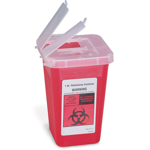 Disposable 1-quart sharps container from quakekits.com, used for safe disposal of needles and medical sharps.