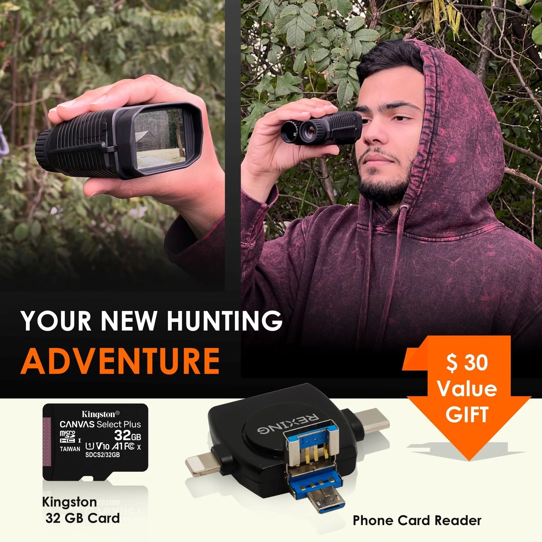 REXING B1 Mini digital binoculars with 1080p night vision and viewing screen, ideal for travel and outdoor adventures.