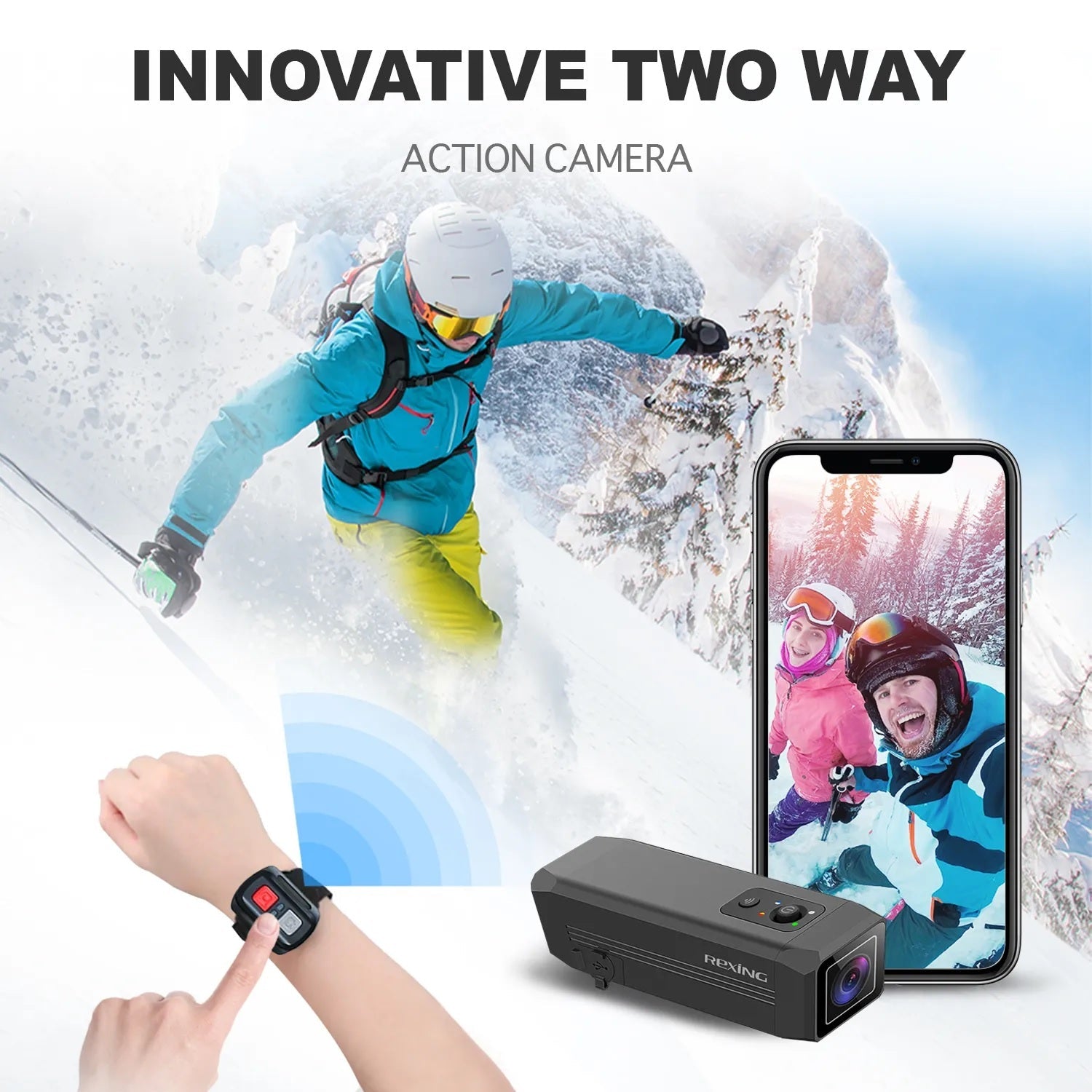 Rexing A1 outdoor two-way action camera with front and back 1080p HD recording and Wi-Fi connectivity.