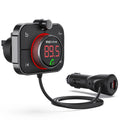 Rexing FMT2 FM Transmitter car charger with Bluetooth 5.0, showing a sleek device plugged into a car's cigarette lighter port.