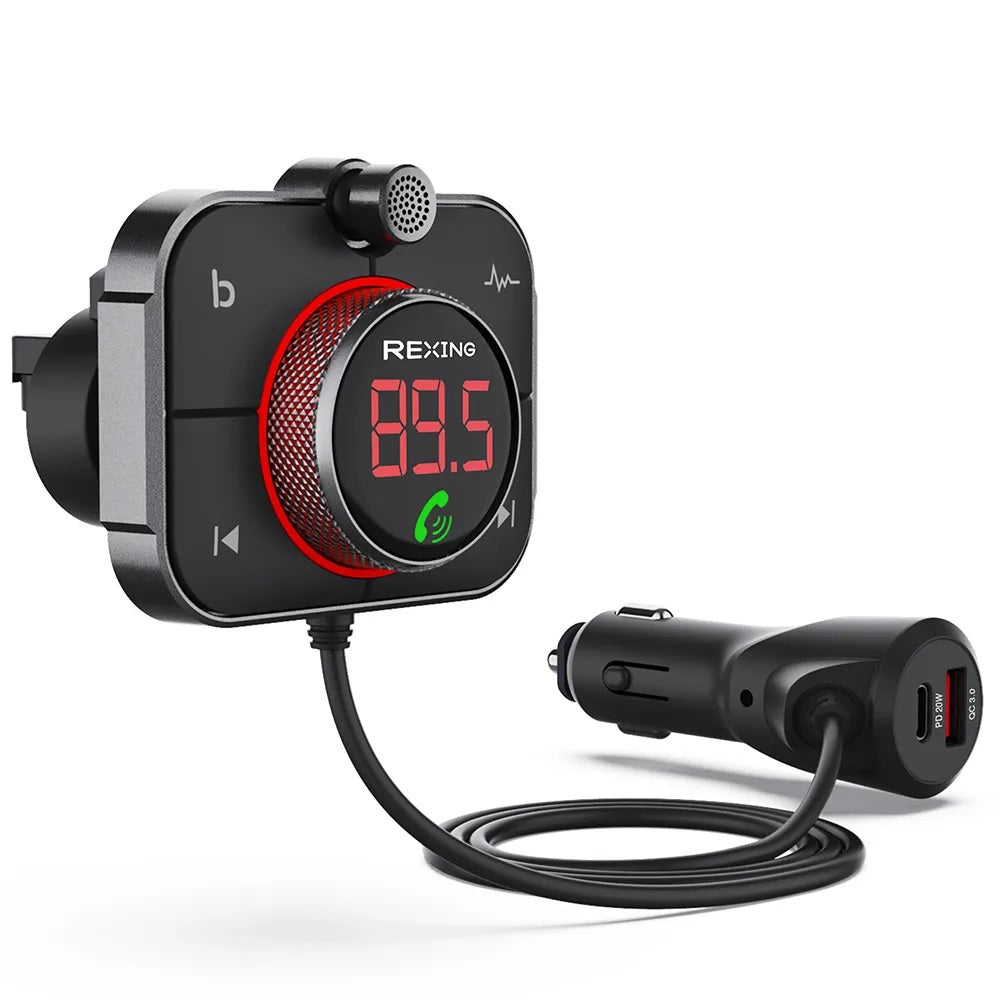 Rexing FMT2 FM Transmitter car charger with Bluetooth 5.0, showing a sleek device plugged into a car's cigarette lighter port.