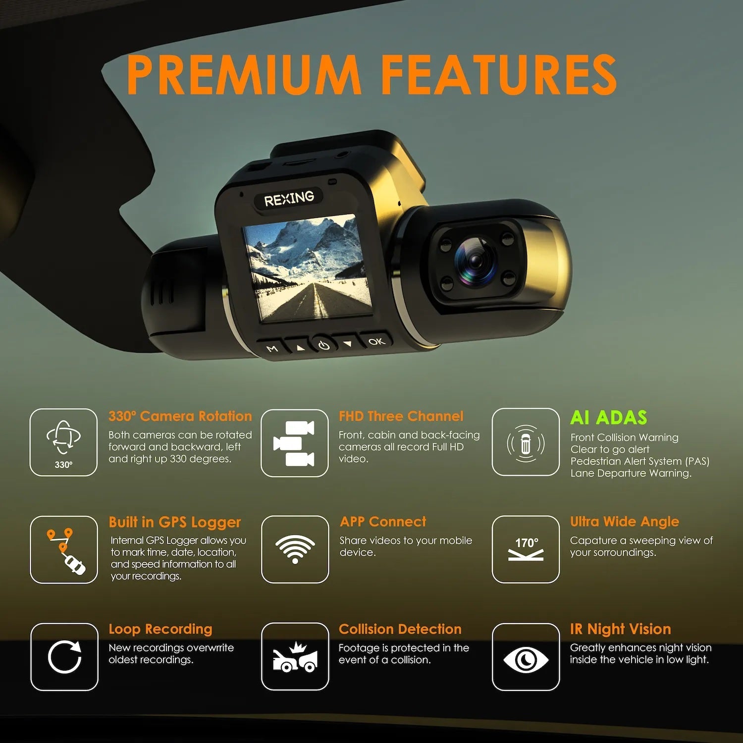Rexing V2 PRO AI Dash Cam, 3-Channel Front/Cabin/Rear 1080p Recording with Wi-Fi and GPS - We The Collective