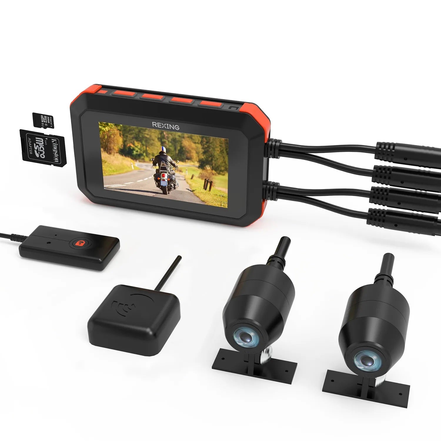 Rexing MTC1 dual camera motorcycle dash cam with front and rear 1080p lenses, WiFi, and GPS tracking mounted on a motorcycle handlebars.