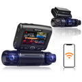Rexing S3 3-channel dash cam showing front, cabin, and side views with 1080P resolution, Wi-Fi, and GPS features.