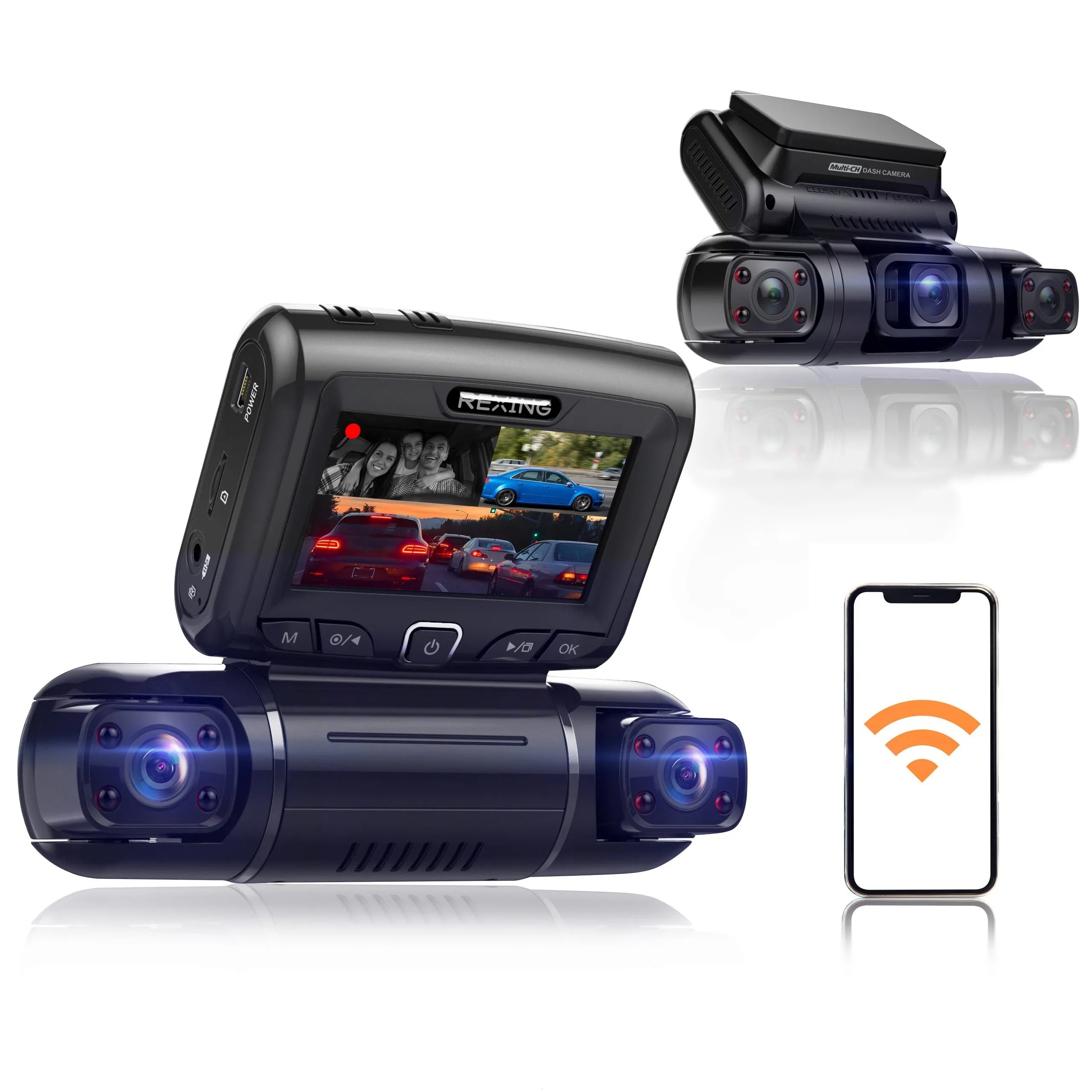 Rexing S3 3-channel dash cam showing front, cabin, and side views with 1080P resolution, Wi-Fi, and GPS features.