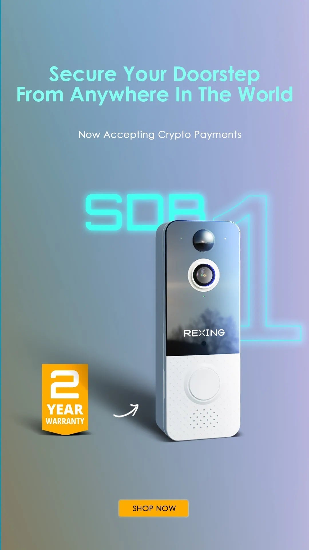 Rexing SDB1 smart wireless video doorbell camera showing 1080p video feed with WiFi connectivity and sleek design.