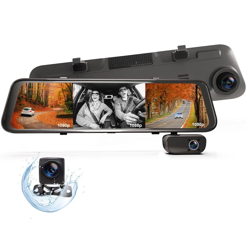 Rexing M3 3-channel dash cam with front, cabin, and rear cameras showing lenses and GPS module in a sleek design