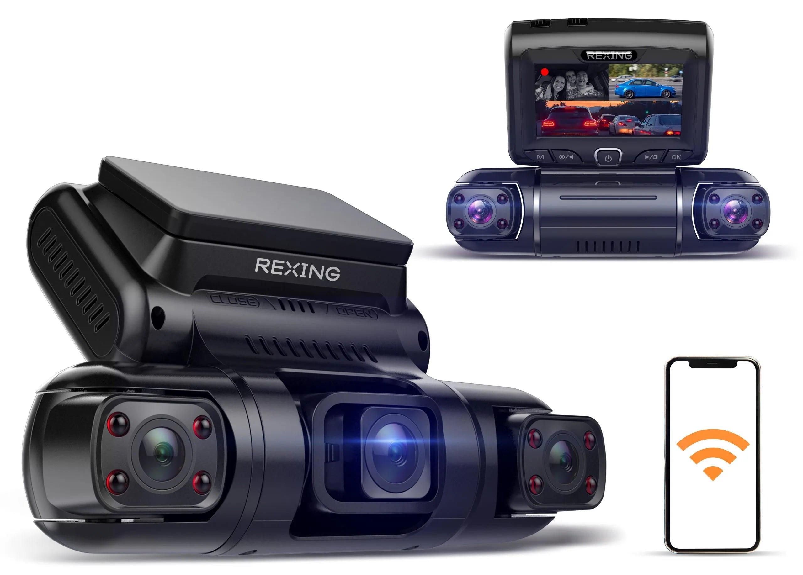 Rexing S3 dash cam showing front, cabin, and side views, capturing 1080P video with Wi-Fi and GPS features.