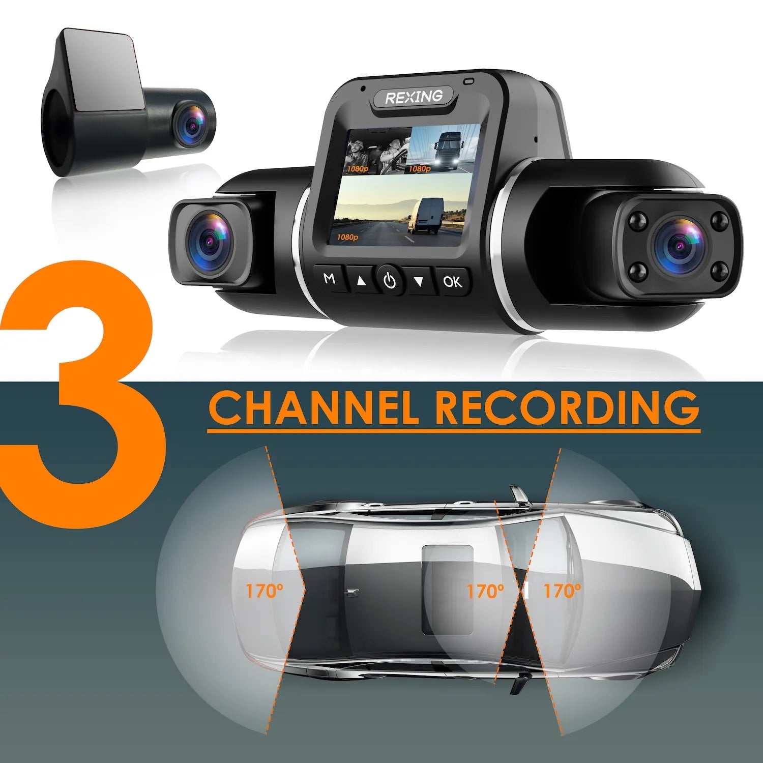 Rexing V2 PRO AI Dash Cam, 3-Channel Front/Cabin/Rear 1080p Recording with Wi-Fi and GPS - We The Collective